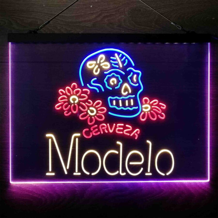 Cerveza Modelo Skull Neon 3 Color Led Sign